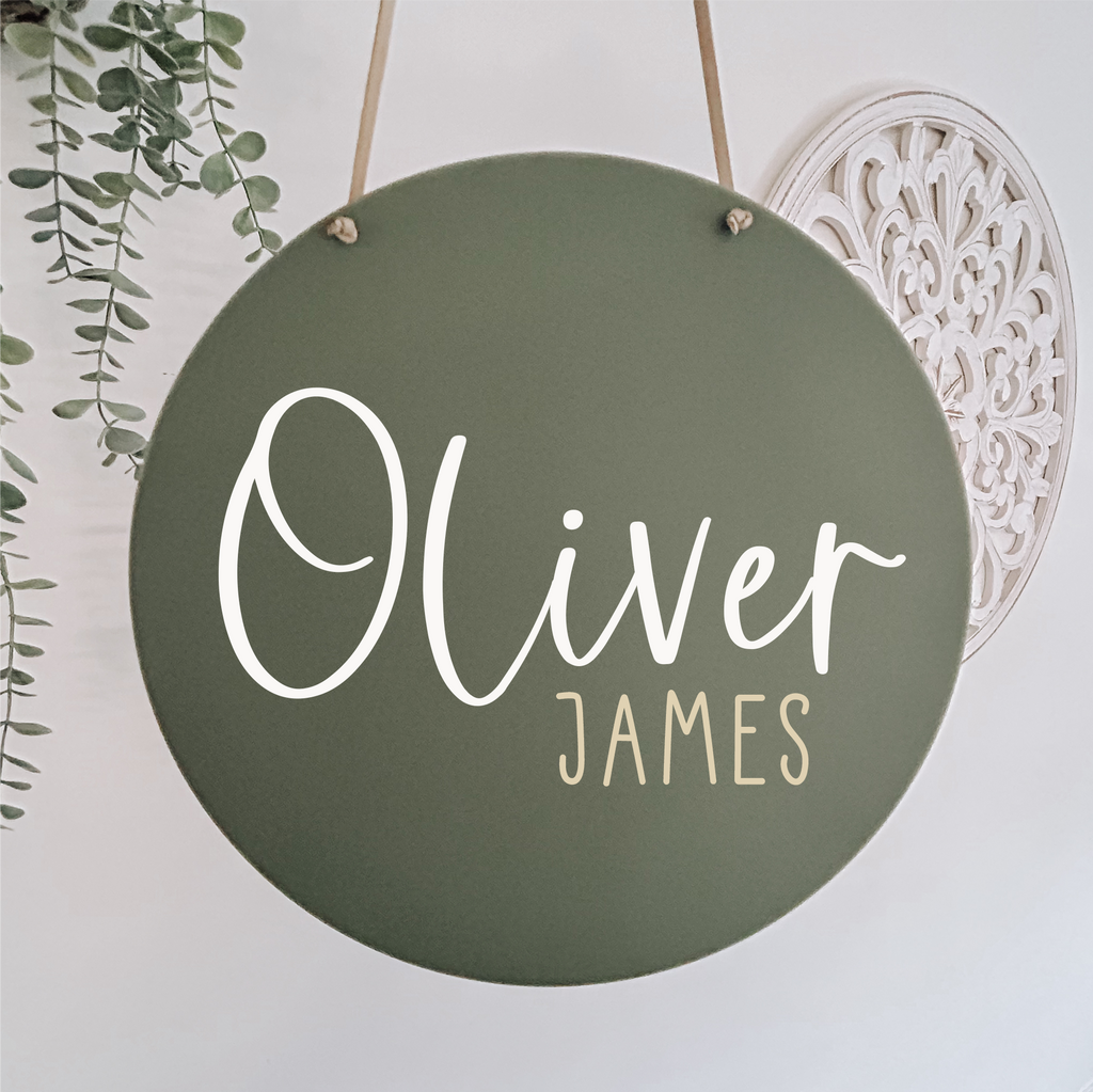 Personalised acrylic round name sign olive sage green boho kids room decor name sign