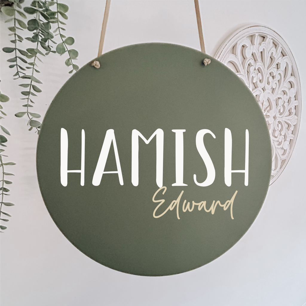 Personalised acrylic round name sign olive sage green boho kids room decor name sign