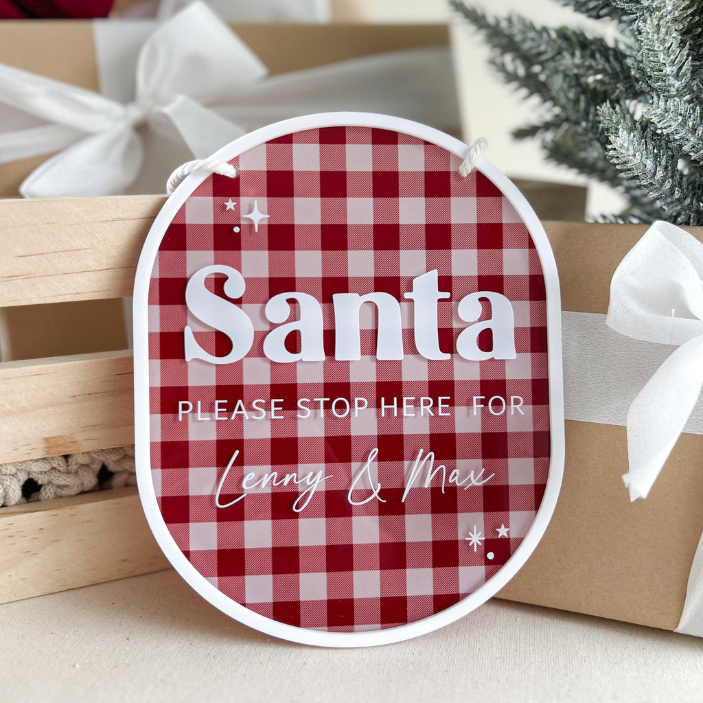 Santa STOP Here Sign - Gingham