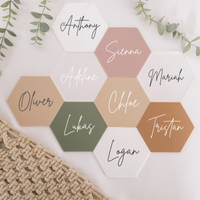 Personalised Acrylic beige blush tan olive sage green pink Hexagon Place card Coaster for wedding favour