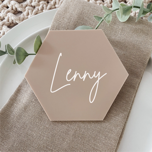 Personalised Acrylic beige blush tan olive sage green pink Hexagon Place card Coaster for wedding favour