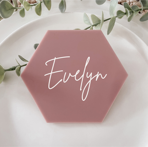 Personalised Acrylic beige blush tan olive sage green pink Hexagon Place card Coaster for wedding favour