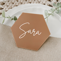 Personalised Acrylic beige blush tan olive sage green pink Hexagon Place card Coaster for wedding favour