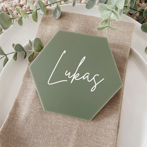 Personalised Acrylic beige blush tan olive sage green pink Hexagon Place card Coaster for wedding favour