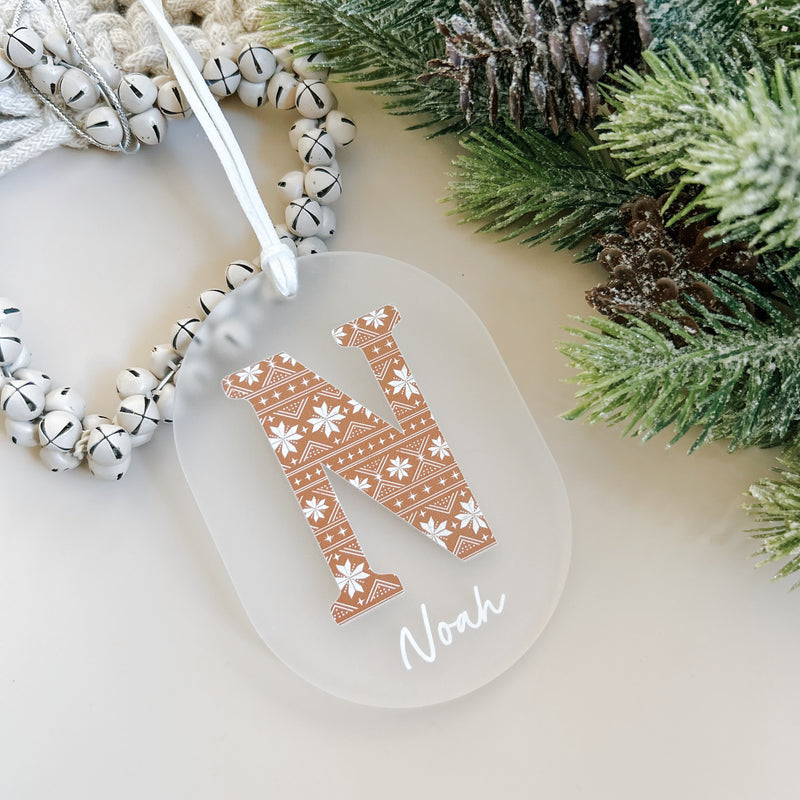 Personalised boho christmas ornament beige muted colour with Letter and name