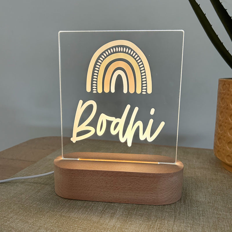 Boho Natural Earth tone rainbow kids personalised night light for nursery