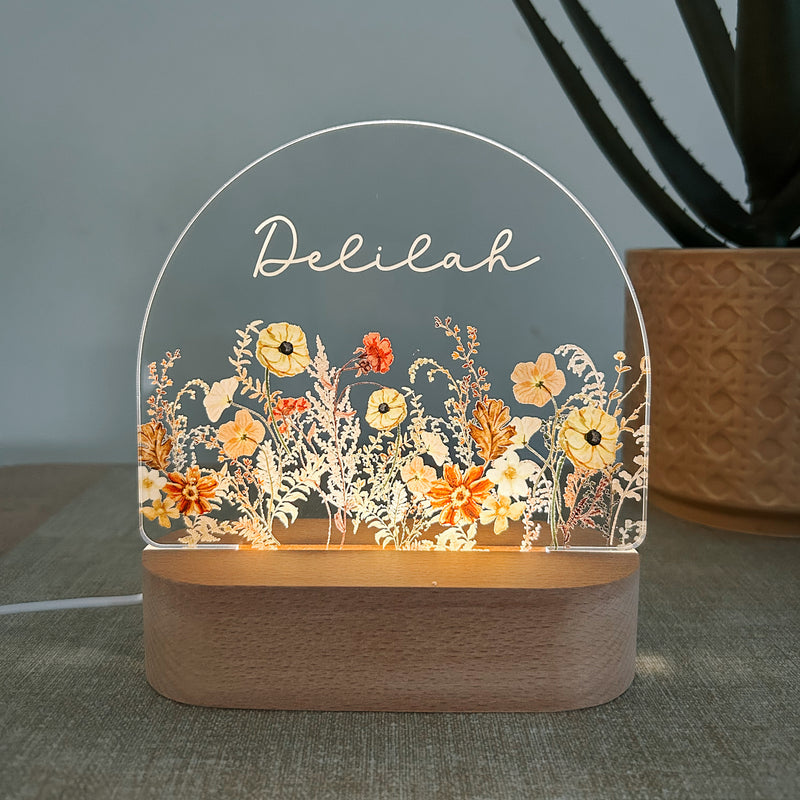 Personalised arch night light lamp with name flowers for girls room or nursery