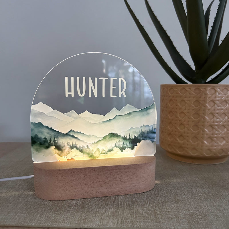 personalised night light for nursery misty mountains with name