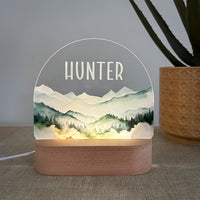 personalised night light for nursery misty mountains with name