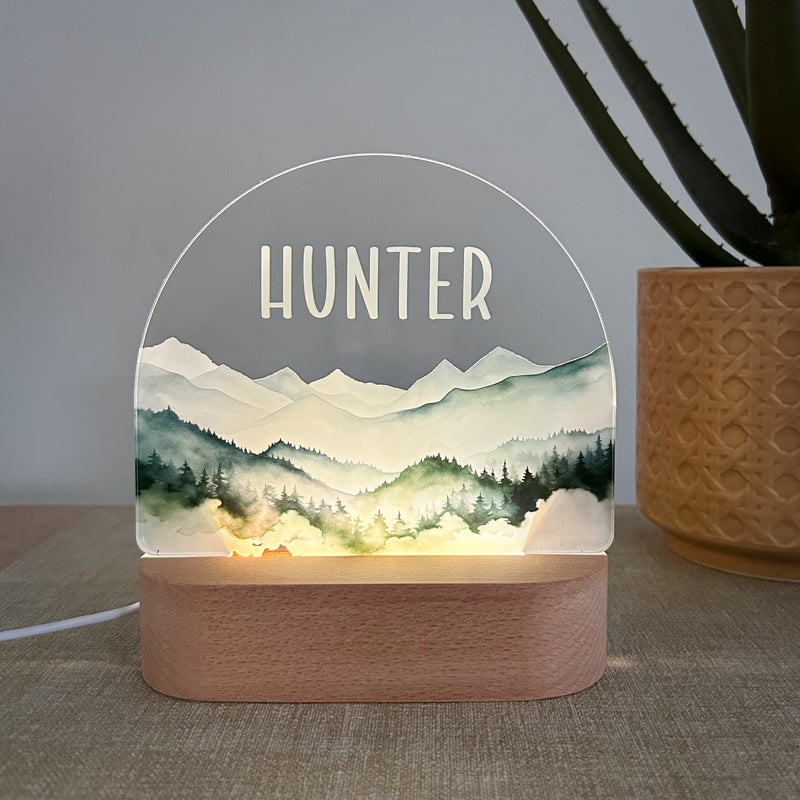 personalised night light for nursery misty mountains with name