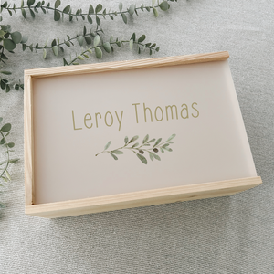 Personalised wooden baby keepsake box with acrylic sliding lid