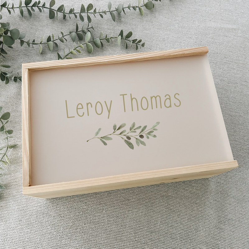 Personalised wooden baby keepsake box with acrylic sliding lid