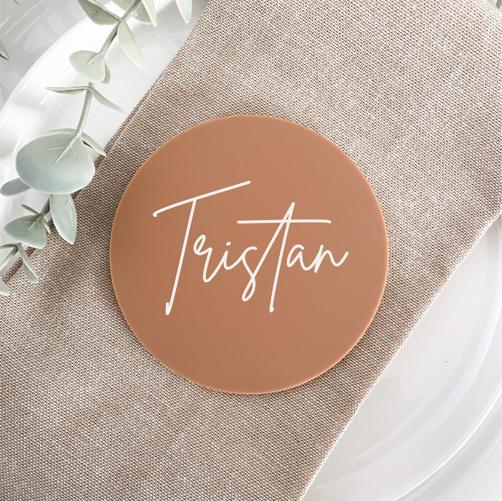 personalised round coaster for wedding favour place card