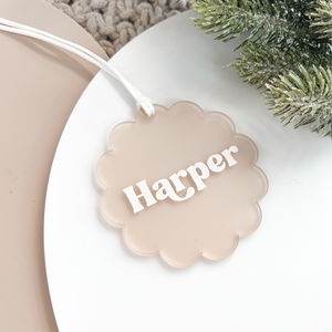 Personalised boho christmas ornament beige muted colour with scalloped edge