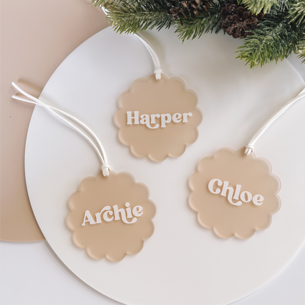 Personalised boho christmas ornament beige muted colour with scalloped edge