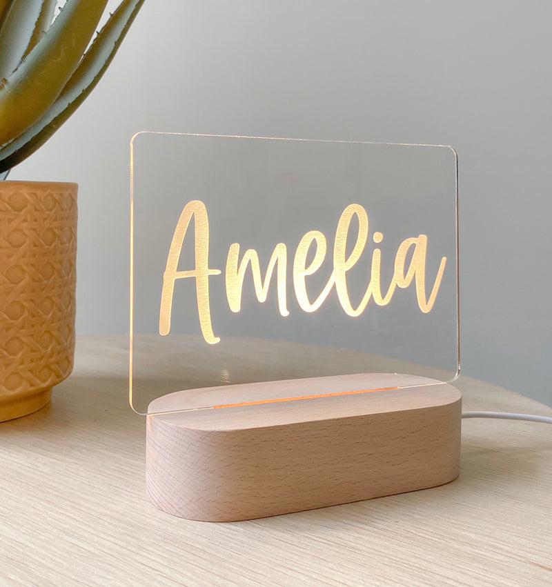 Kids Personalised acrylic Night Light. Custom made for your childs room or nursery and custom printed with name. Script Name design