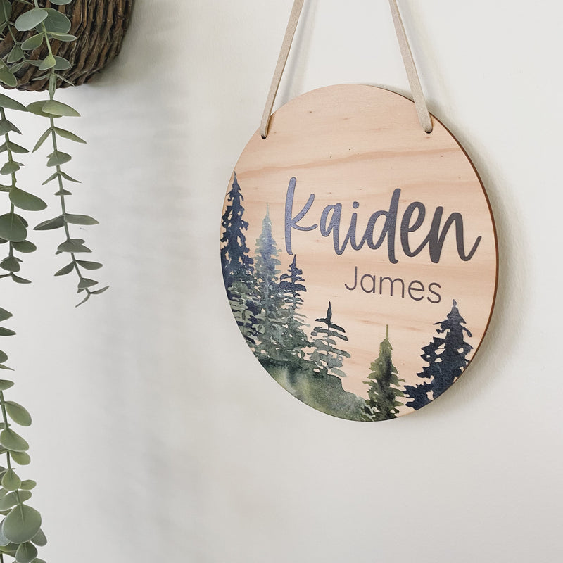 kids Printed wooden personalised door sign with engraved name. Kids custom Name Plaque Blue Forest Trees Design