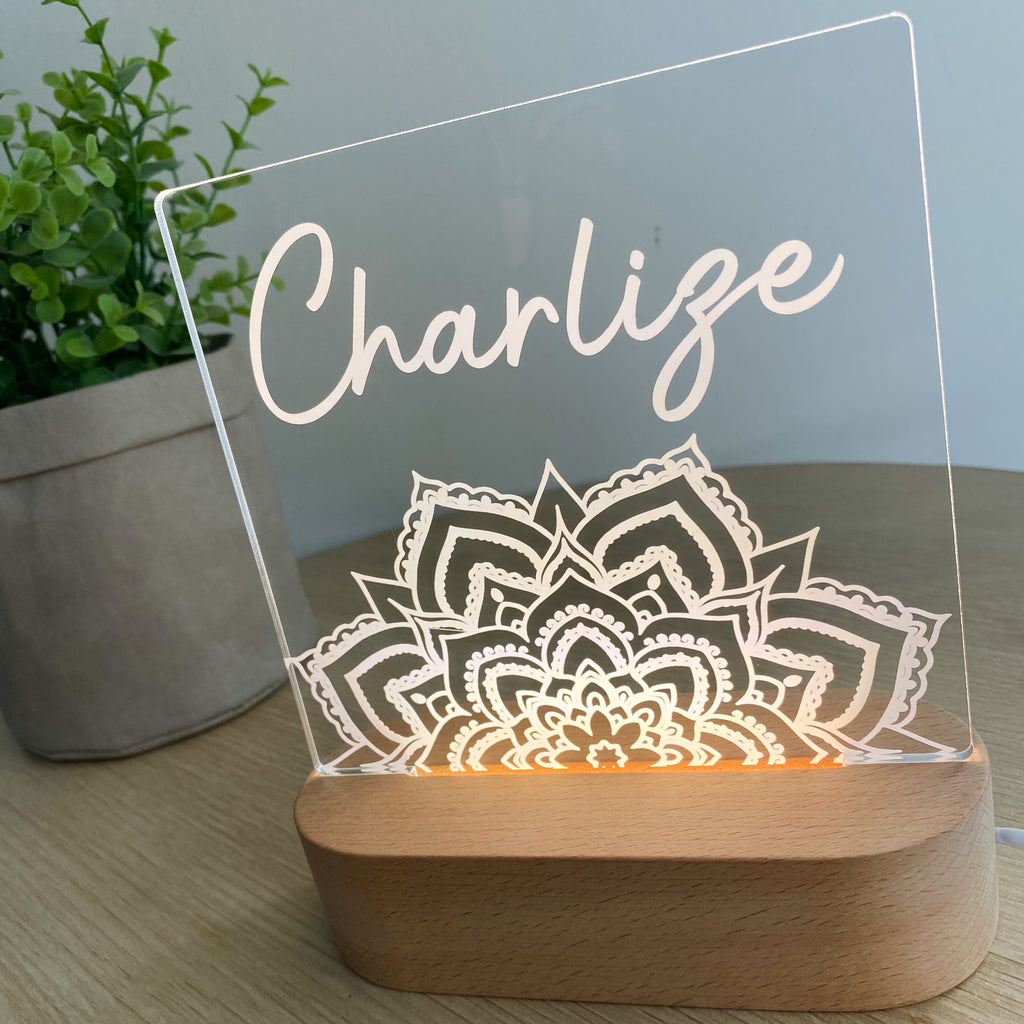 Kids Personalised acrylic Night Light. Custom made for your childs room or nursery and custom printed with name. Mandala design