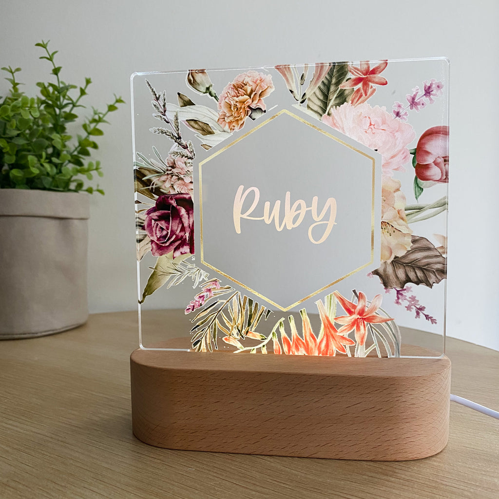 Kids Personalised acrylic Night Light. Custom made for your childs room or nursery and custom printed with name. Floral Border design