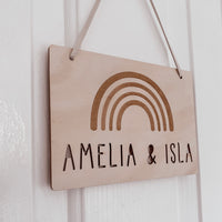 kids personalised hanging wooden sign plaque boho rainbow