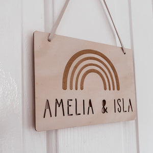 kids personalised hanging wooden sign plaque boho rainbow
