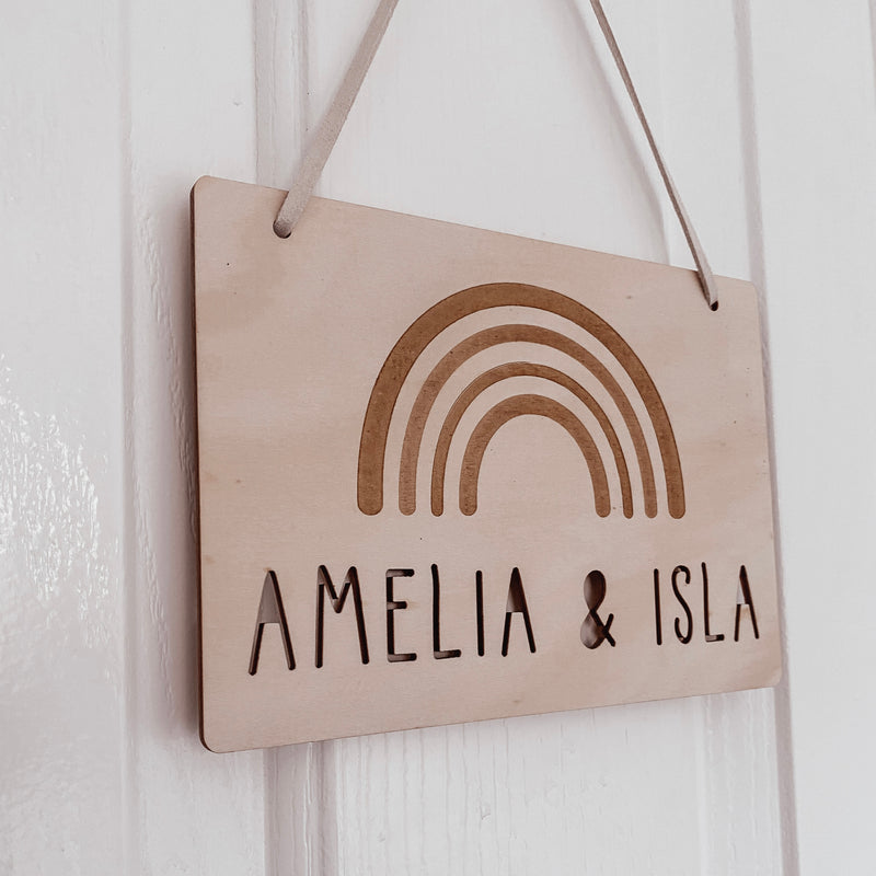 kids personalised hanging wooden sign plaque boho rainbow