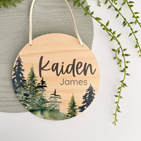 kids Printed wooden personalised door sign with engraved name. Kids custom Name Plaque Blue Forest Trees Design