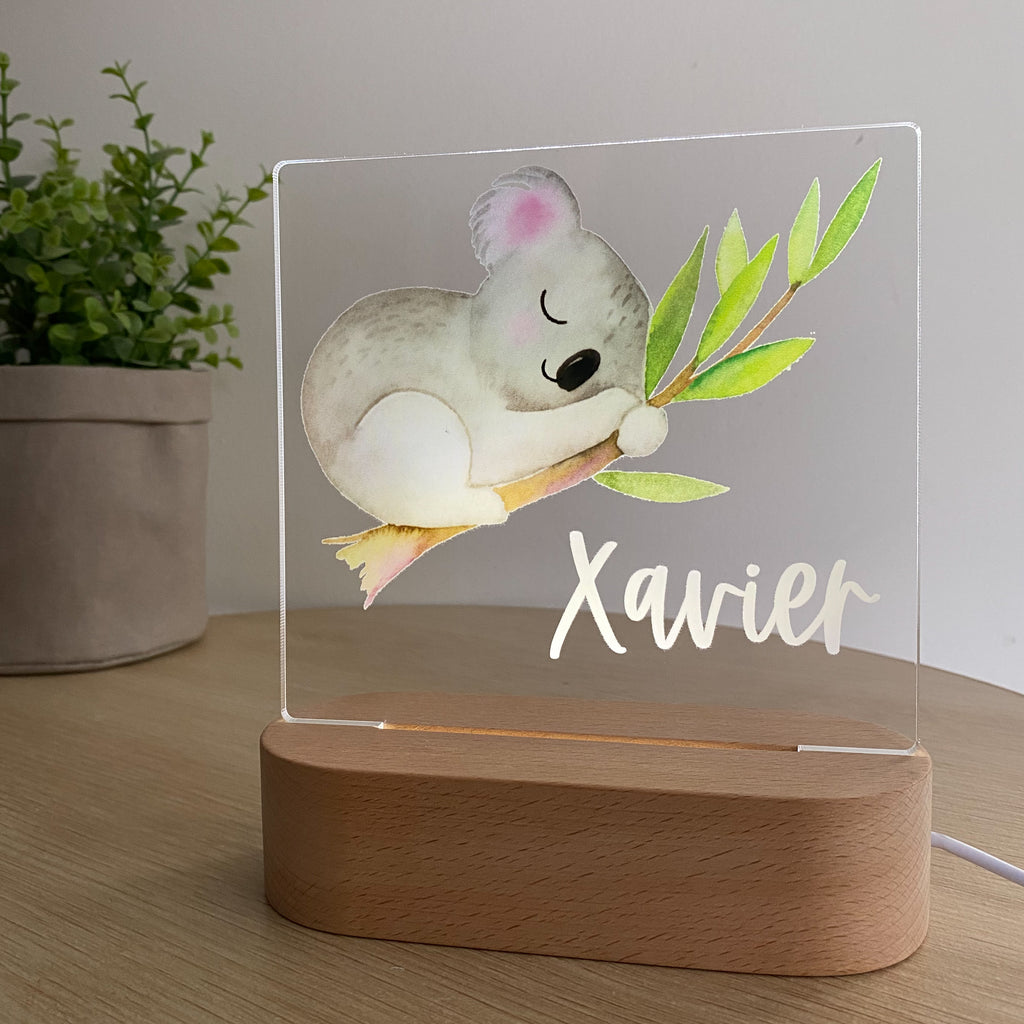 Kids Personalised acrylic Night Light. Custom made for your childs room or nursery and custom printed with name. Sleepy Koala design
