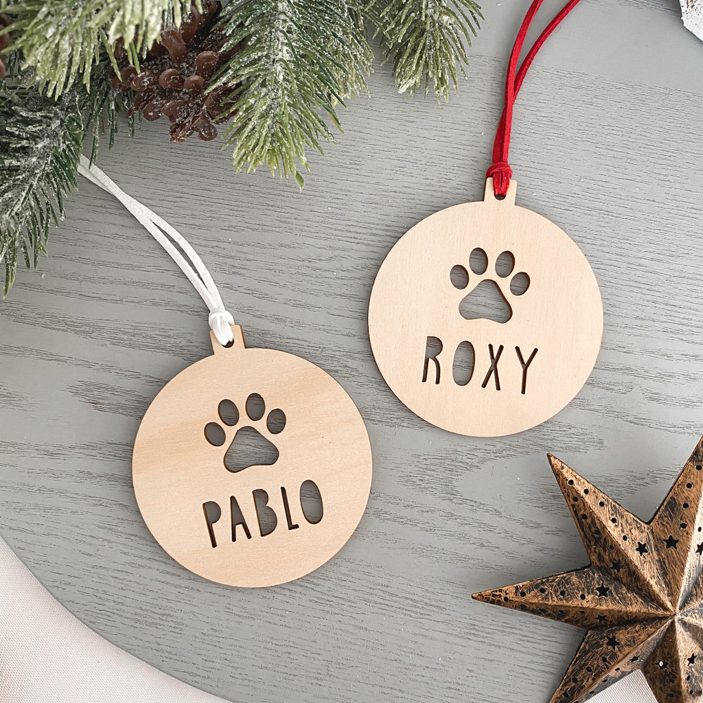 personalised  Pet Dog Cat paw print wooden name christmas bauble ornament