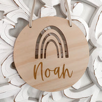 Kids Round Wooden engraved custom rainbow door sign