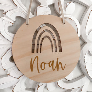 Kids Round Wooden engraved custom rainbow door sign