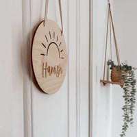 kids personalised hanging wooden sign plaque boho sunrays