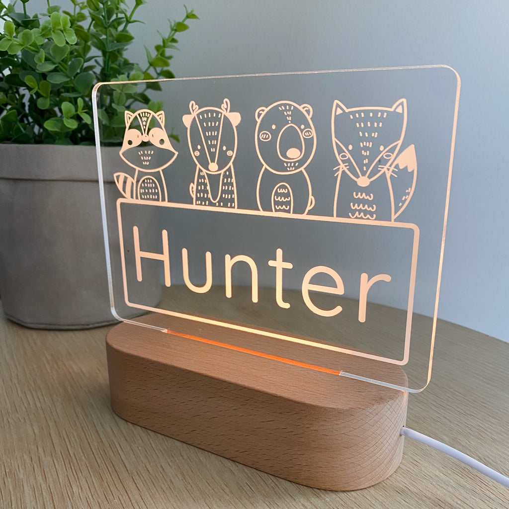 Kids Personalised acrylic Night Light. Custom made for your childs room or nursery and custom printed with name. Woodland Animals  design