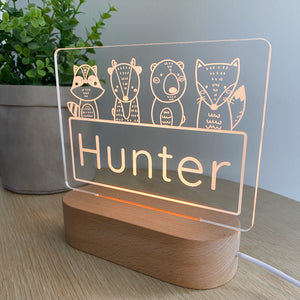 Kids Personalised acrylic Night Light. Custom made for your childs room or nursery and custom printed with name. Woodland Animals  design