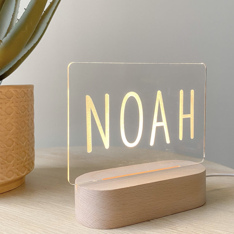 Kids Personalised acrylic Night Light. Custom made for your childs room or nursery and custom printed with name. Block name design