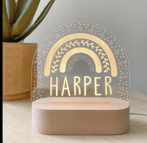 Kids Personalised acrylic Night Light. Custom made for your childs room or nursery and custom printed with name. Rainbow design
