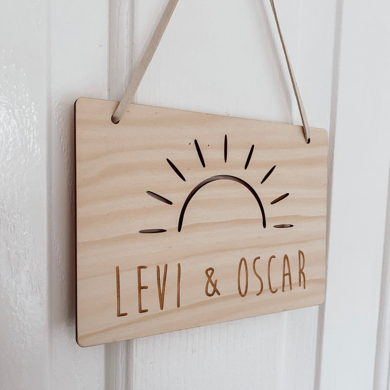 kids personalised hanging wooden sign plaque boho sun sunrays