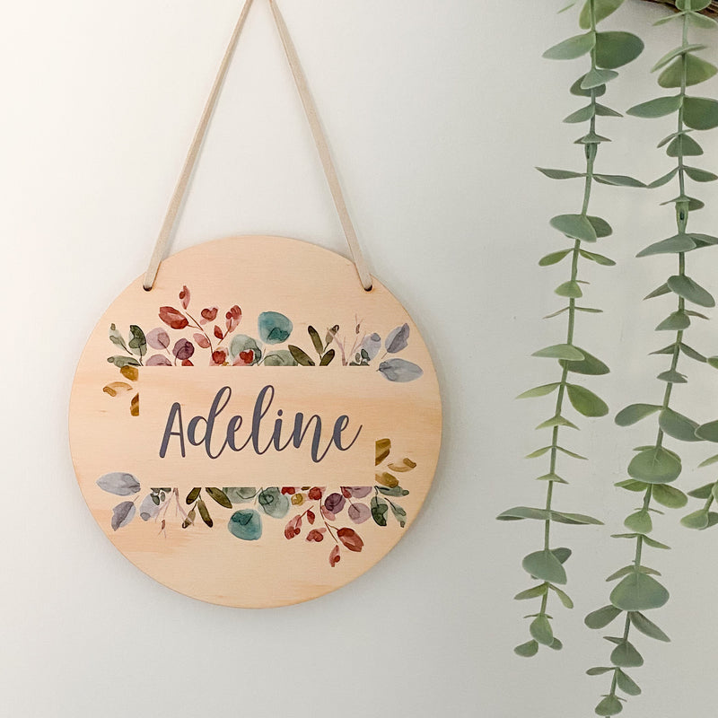 kids Printed wooden personalised door sign with engraved name. Kids custom Name Plaque Coloured Leaves Design