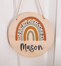 kids Printed wooden personalised door sign with engraved name. Kids custom Name Plaque Boho Tan Rianbow  Design