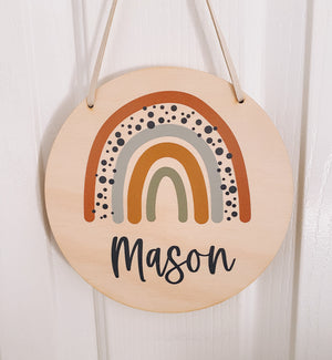 kids Printed wooden personalised door sign with engraved name. Kids custom Name Plaque Boho Tan Rianbow  Design