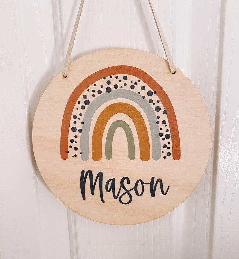 kids Printed wooden personalised door sign with engraved name. Kids custom Name Plaque Boho Tan Rianbow  Design