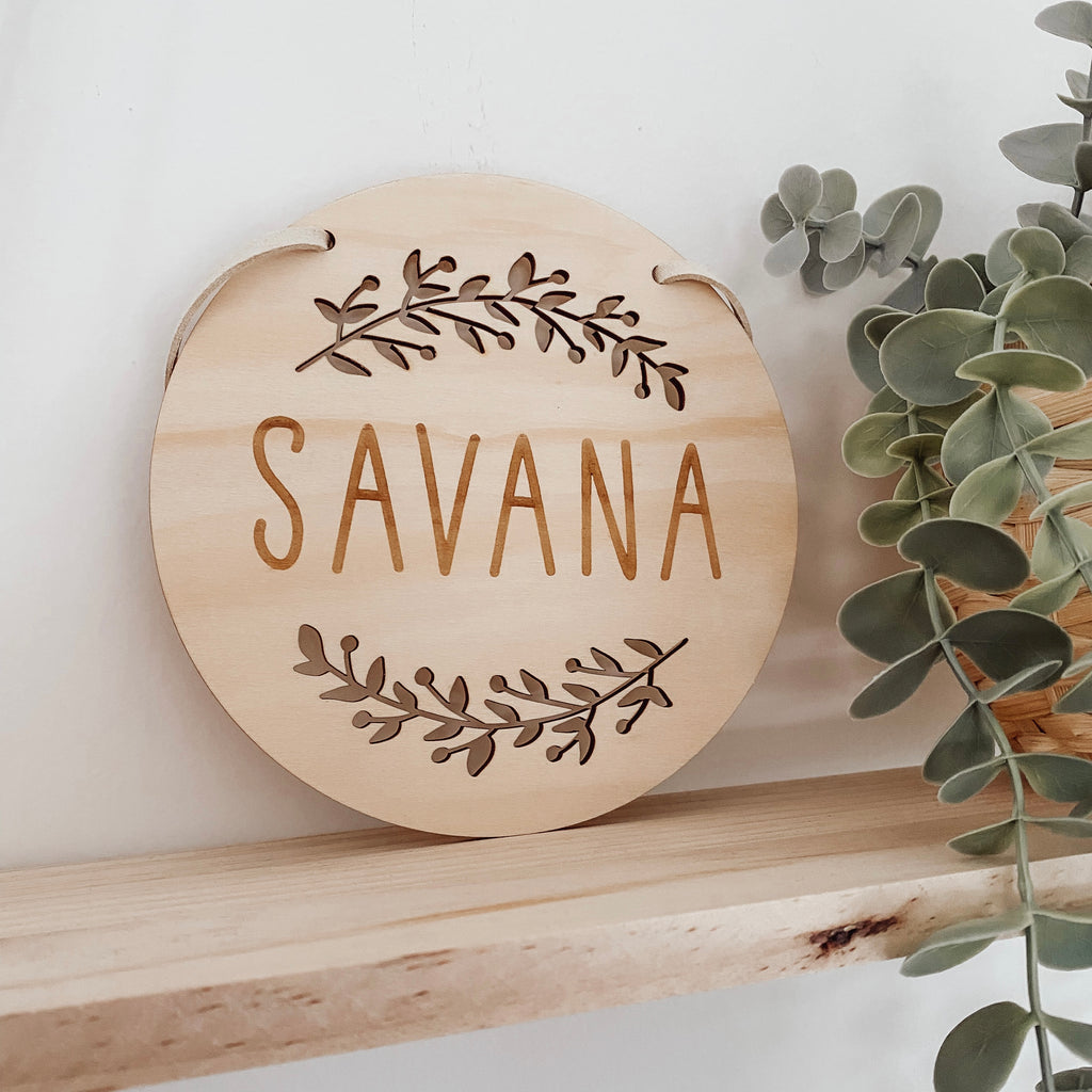 kids wooden personalised door sign with engraved name. Kids custom Name Plaque with Berry Spray Design