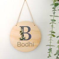 kids Printed wooden personalised door sign with engraved name. Kids custom Name Plaque Blue Letter with leaves Design