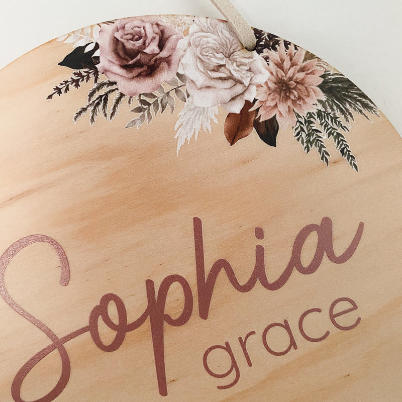 kids Printed wooden personalised door sign with engraved name. Kids custom Name Plaque Boho Floral Bouquet  Design
