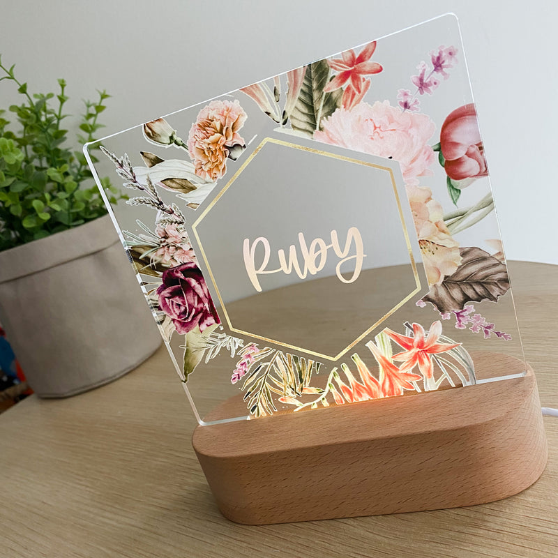 Kids Personalised acrylic Night Light. Custom made for your childs room or nursery and custom printed with name. Floral Border design