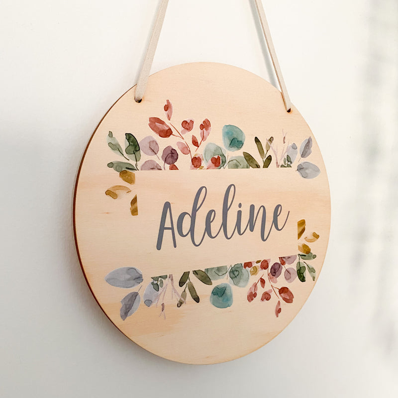 kids Printed wooden personalised door sign with engraved name. Kids custom Name Plaque Coloured Leaves Design