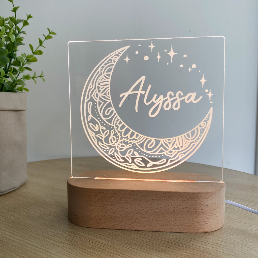 Kids Personalised acrylic Night Light. Custom made for your childs room or nursery and custom printed with name. Moon and stars design