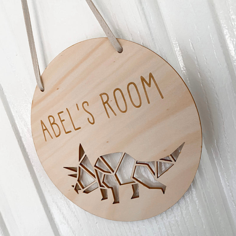 kids wooden personalised door sign with engraved name. Kids custom Name Plaque with stegosaurus dinosaur Design