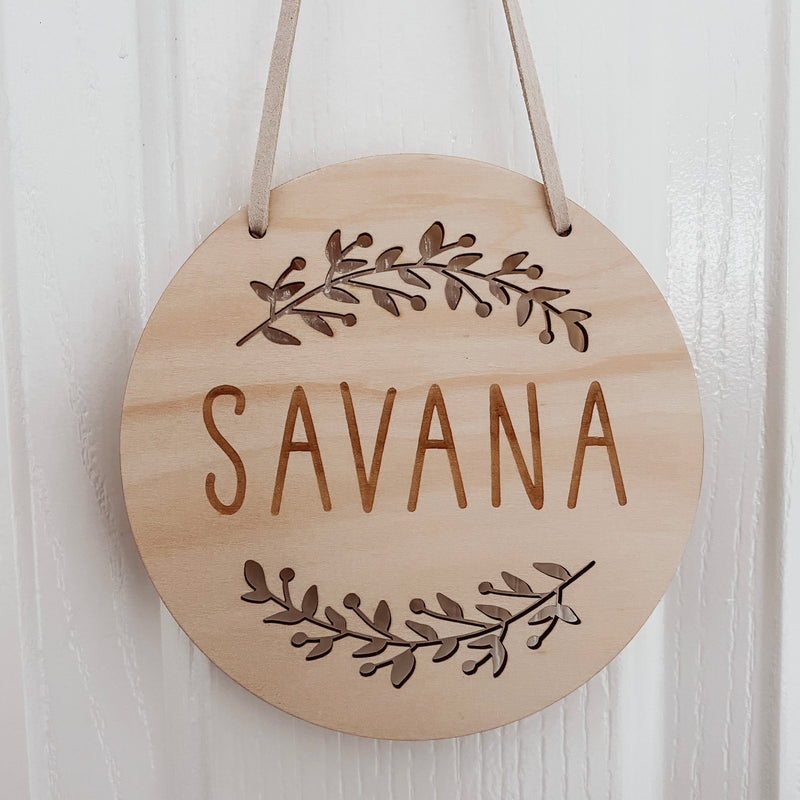 kids wooden personalised door sign with engraved name. Kids custom Name Plaque with Berry Spray Design