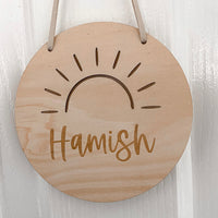 kids personalised hanging wooden sign plaque boho sunrays